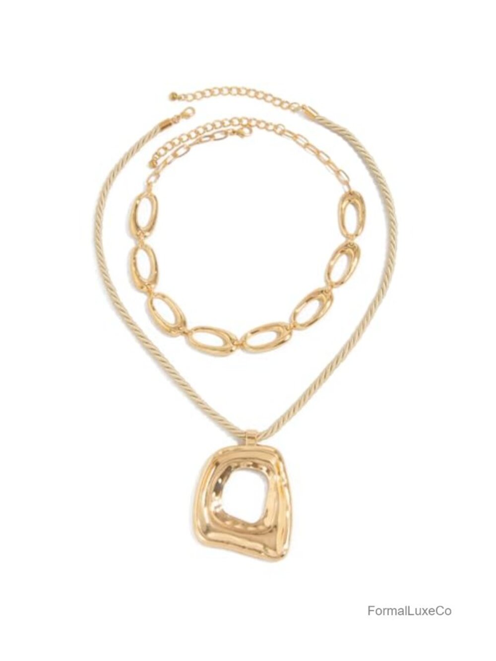 Geometric Hollow Square Pendant Rope Chain Necklace Gold-Tone Alloy Statement